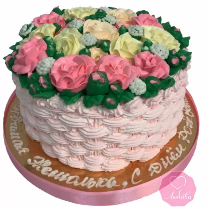 Торт на день рождения корзина с розами №2725