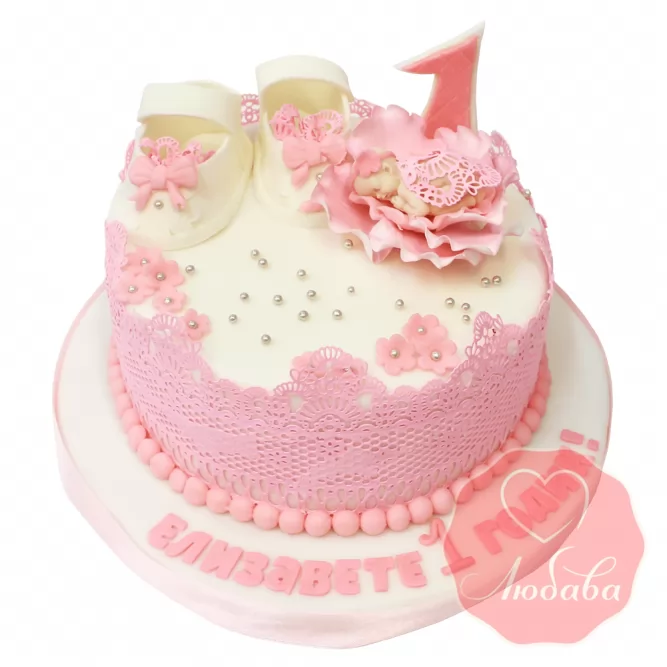 Торт на 1 годик розовый для девочки №1212