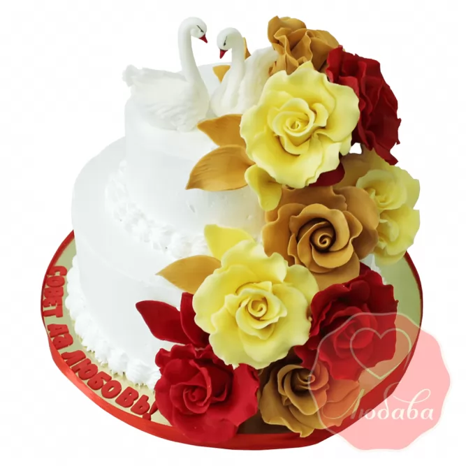 Свадебный Торт с розами и лебедями №1354
