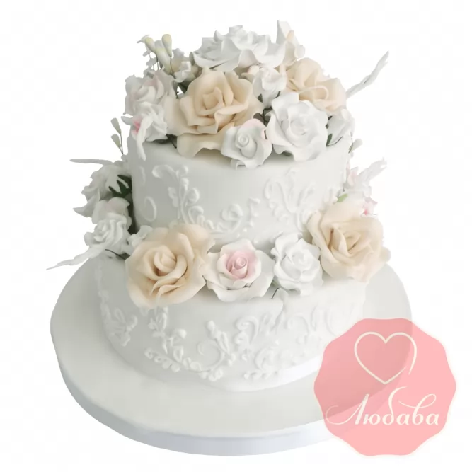 Свадебный Торт белый с цветами №1537