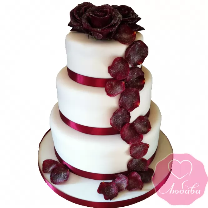 Торт свадебный марсала с лепестками роз №1877