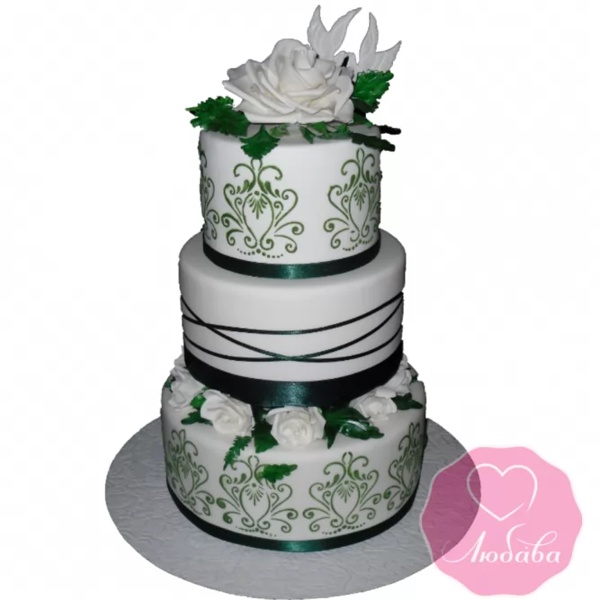 Торт свадебный изумрудный с розами №1878