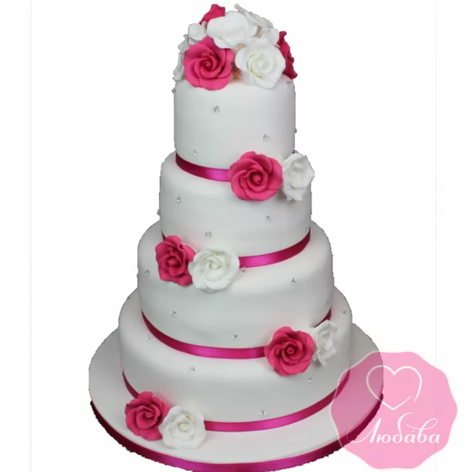 Торт свадебный с белыми и краснами розами №1894