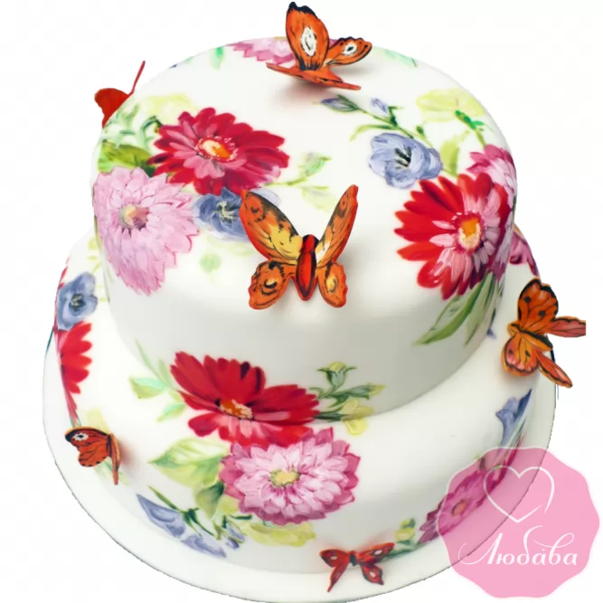 Торт свадебный с цветами и бабочками №1898