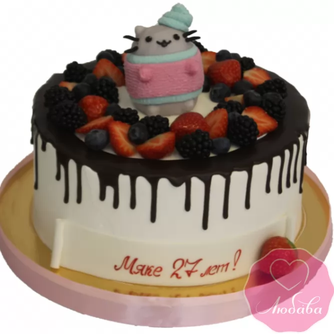 Торт на день рождения ягодный Pusheen cat №1948
