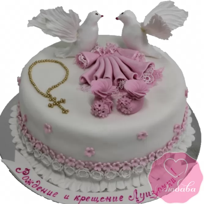 торт детский розовый на крестины №2089