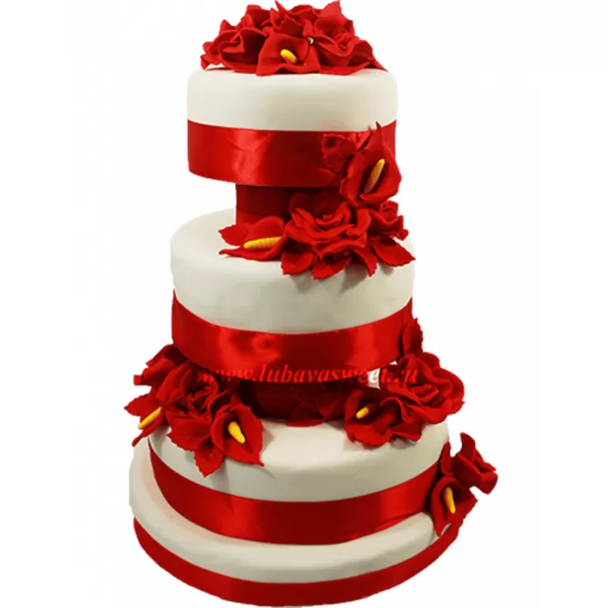 Торт свадебный Красно-белый с цветами №703