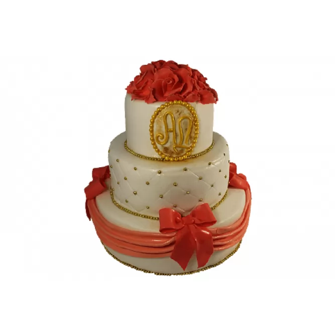 Торт свадебный многоярусный с красными розами и бантами №573