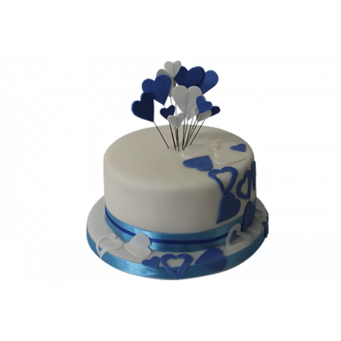 Торт свадебный с синими и белыми сердечками №489