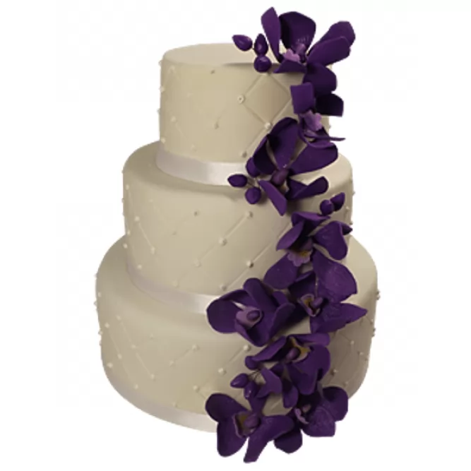 Торт свадебный с каскадом сиреневых цветов №486