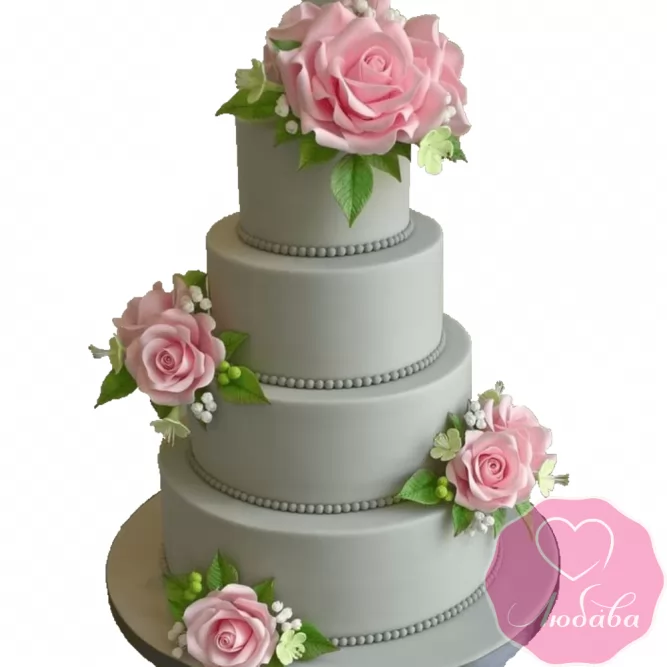 Торт свадебный серый с розами №2207