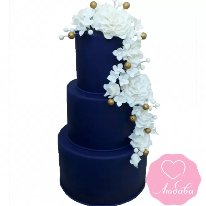 Торт свадебный синий с белыми розами №2216