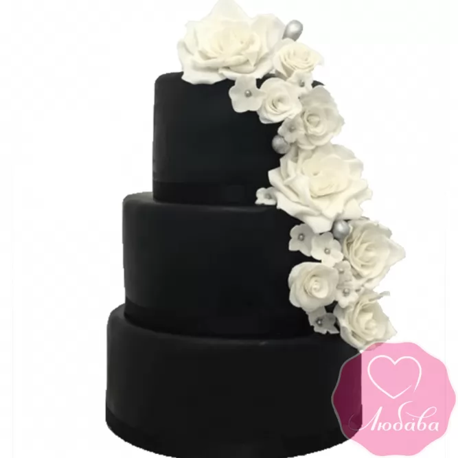 Торт свадебный черный с розами №2225