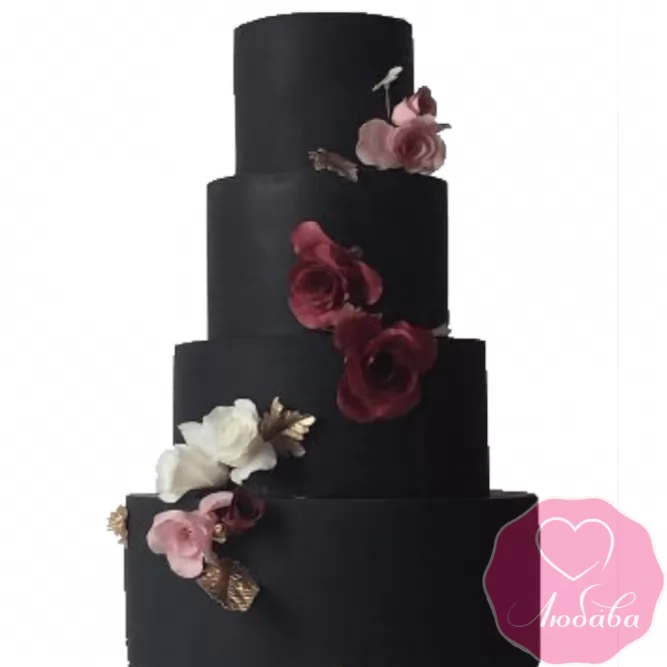 Торт свадебный черный с цветами №2234