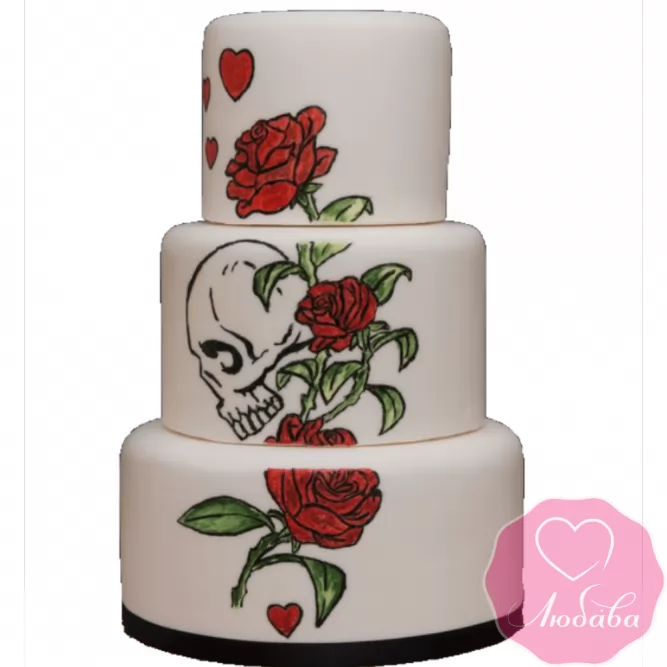 Торт свадебный череп и розы №2235