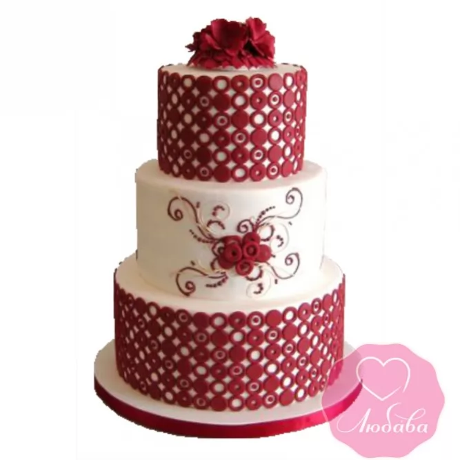 Торт свадебный с красными цветами №2416