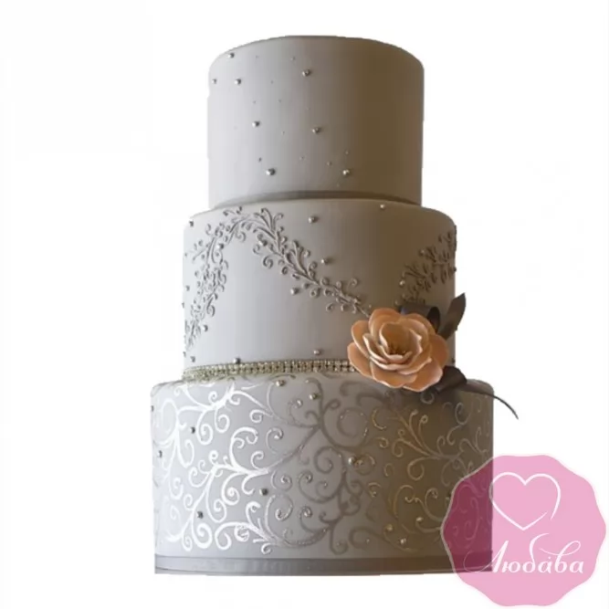 Торт свадебный серый трехъярусный с розой №2424