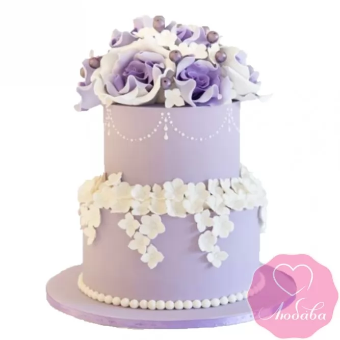 Торт свадебный сиреневый с цветами №2435