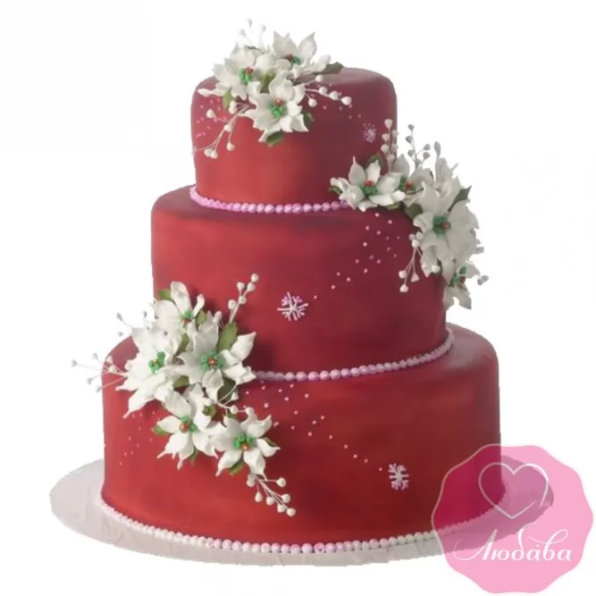 Торт свадебный красный с цветами №2436