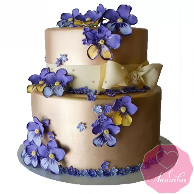 Торт свадебный золотой с цветами №2440
