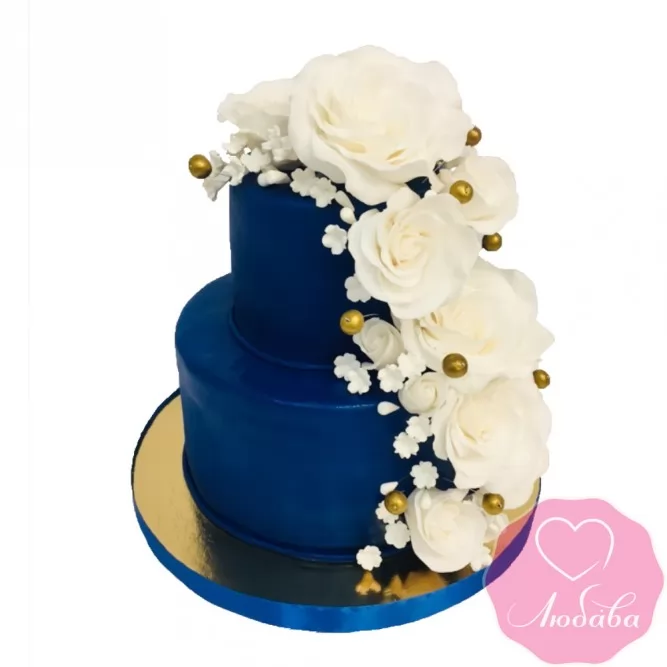 Торт свадебный синий с цветами №2488
