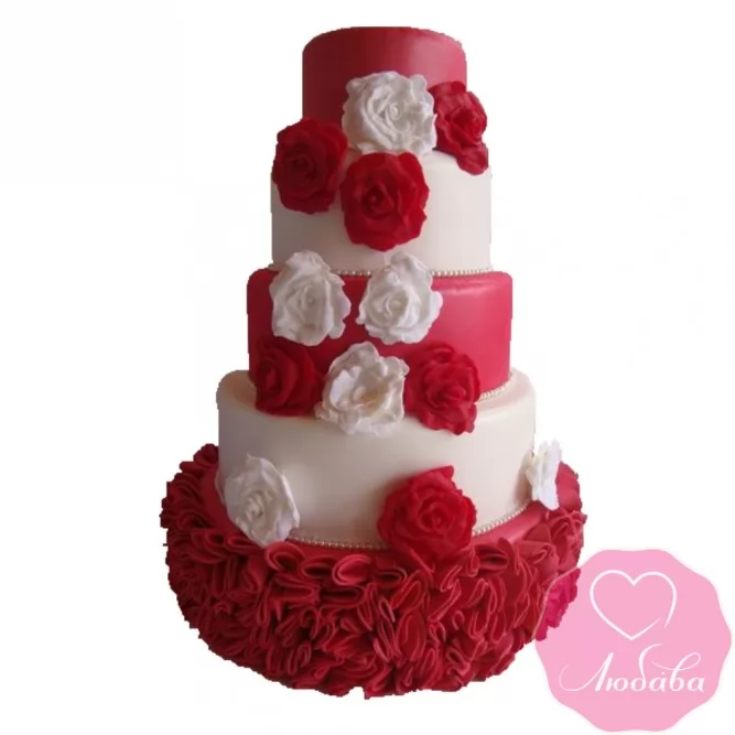 Торт свадебный с красными и белыми розами №2602