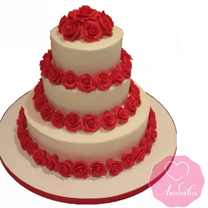 Торт свадебный белый с красными розами №2603