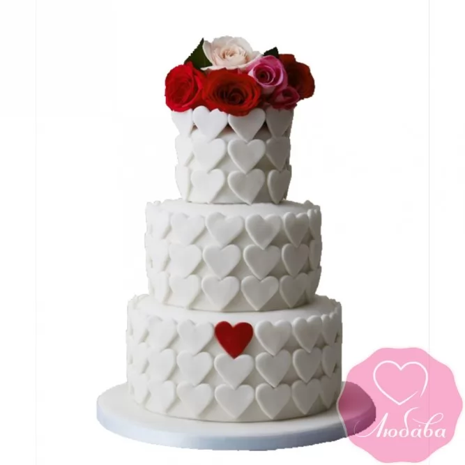 Торт свадебный сердца и розы №2604