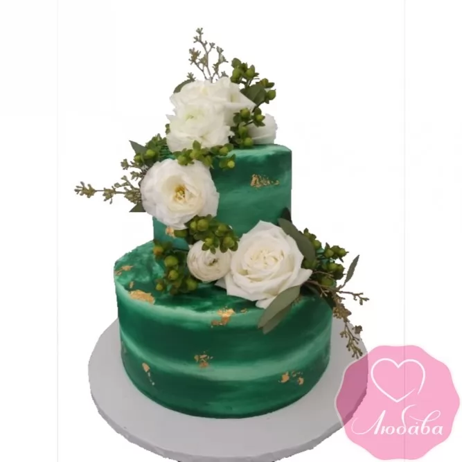 Торт свадебный изумрудный с розами №2613