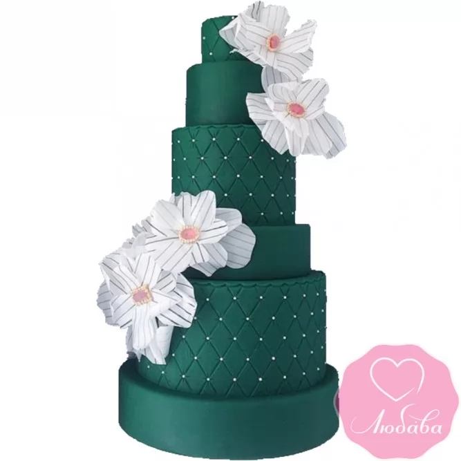 Торт свадебный изумрудный с белыми цветами №2614