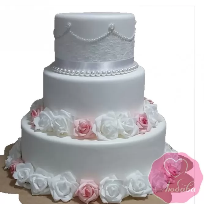 Торт свадебный с белыми и розовыми розами №2626