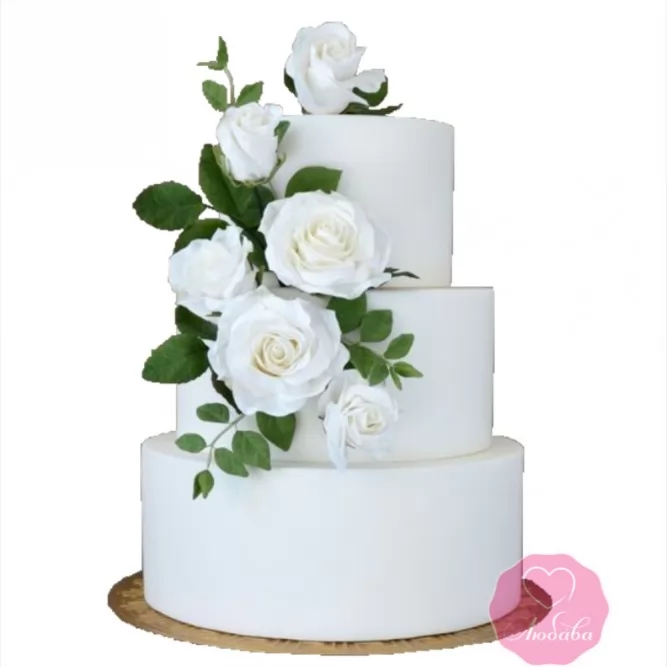 Торт свадебный белый с розами №2684