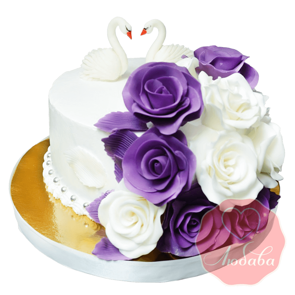 Свадебный торт с лебедями и розами №1657
