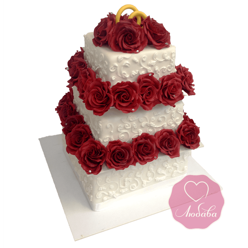 Торт свадебный с бордовыми розами №1741