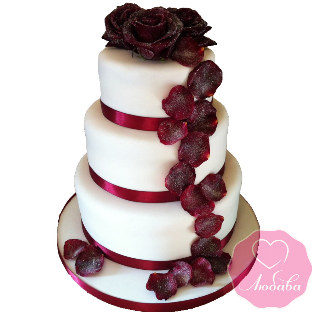 Торт свадебный марсала с лепестками роз №1877