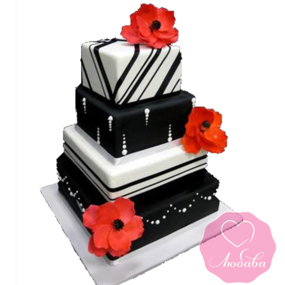 Торт свадебный черно-белый с маками №1891