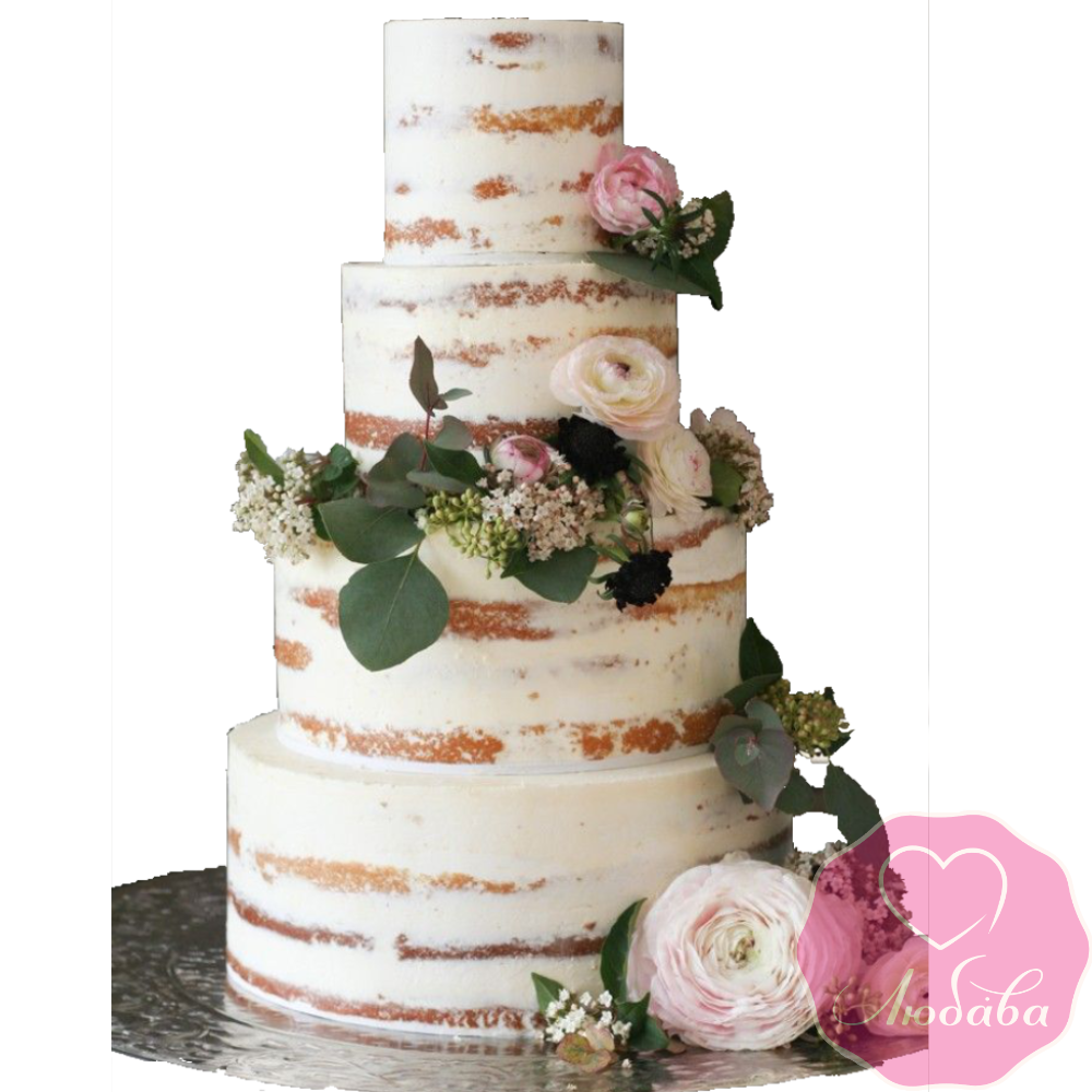 Торт свадебный открытый с живыми цветами №1907