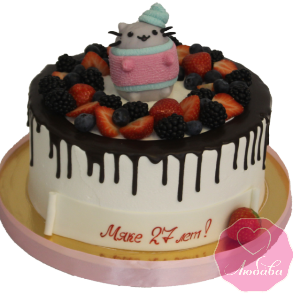 Торт на день рождения ягодный Pusheen cat №1948