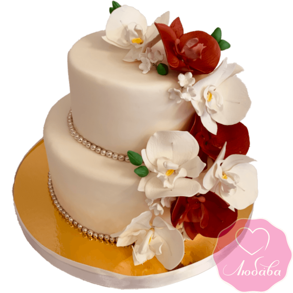 торт свадебный двухъярусный с орхидеями №2106