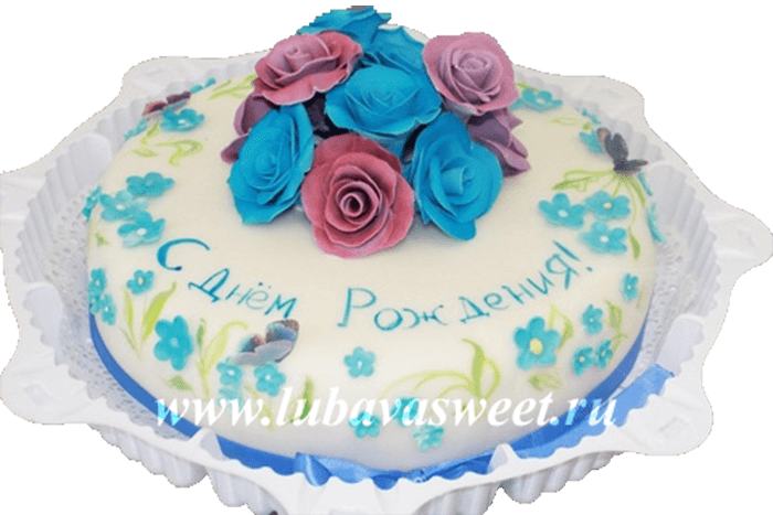 Торт праздничный с голубыми розами №251