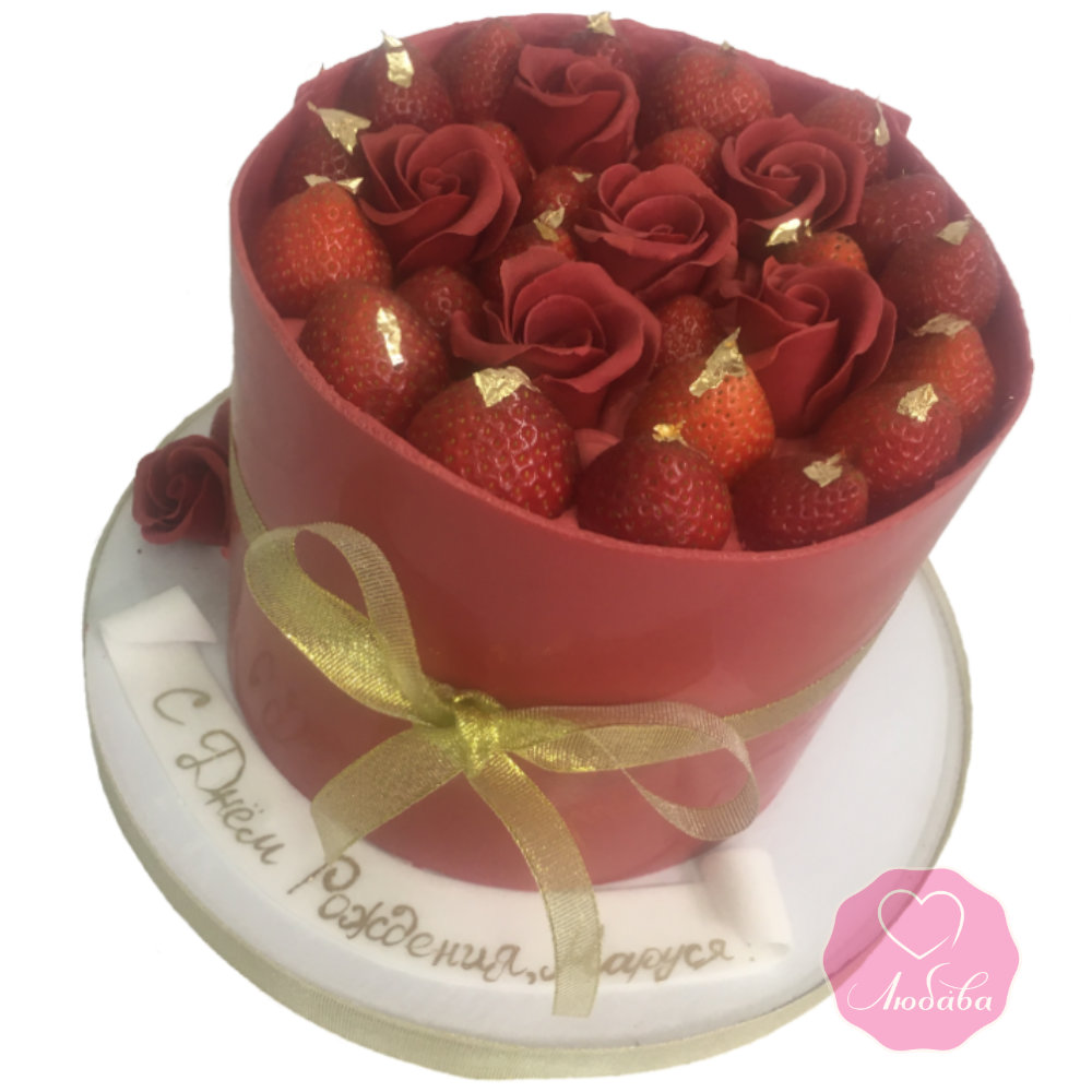 Торт с клубникой и розами №2833