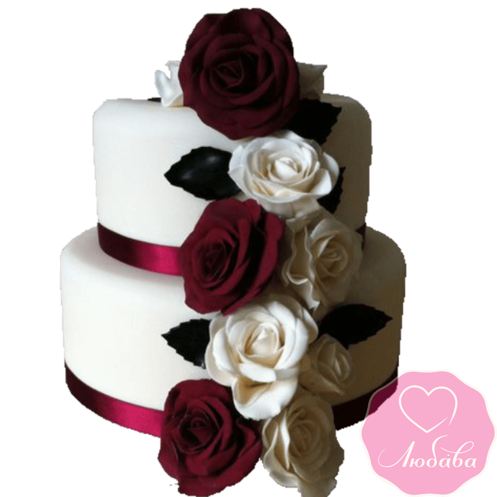 Торт свадебный с бордовыми розами №2212