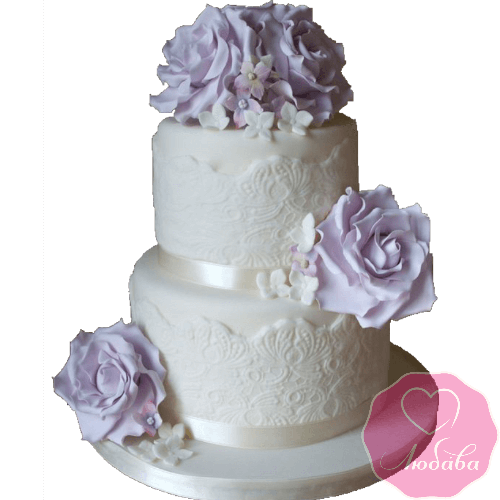Торт свадебный с фиолетовыми розами и кружевами №2221
