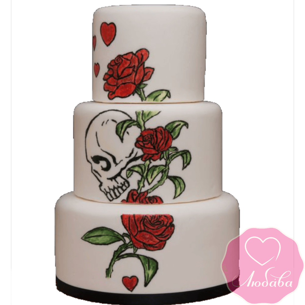 Торт свадебный череп и розы №2235