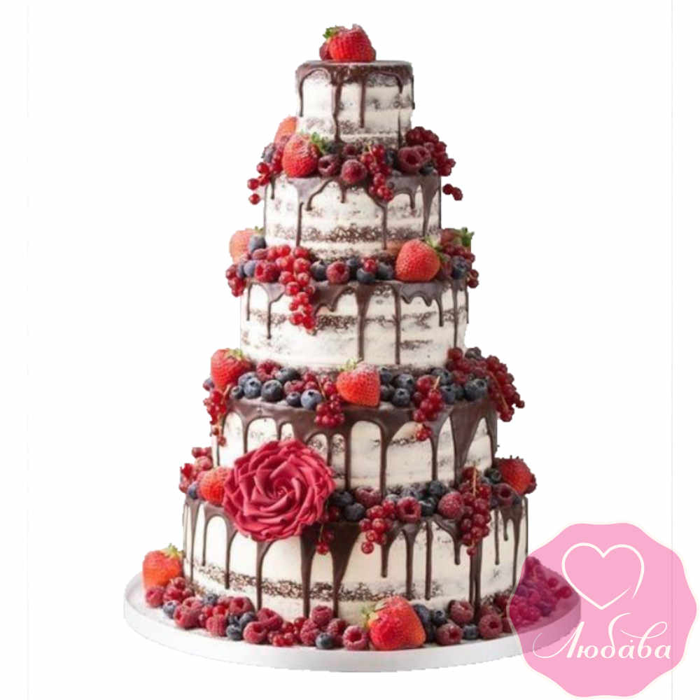 Торт свадебный с ягодами и цветами №2431
