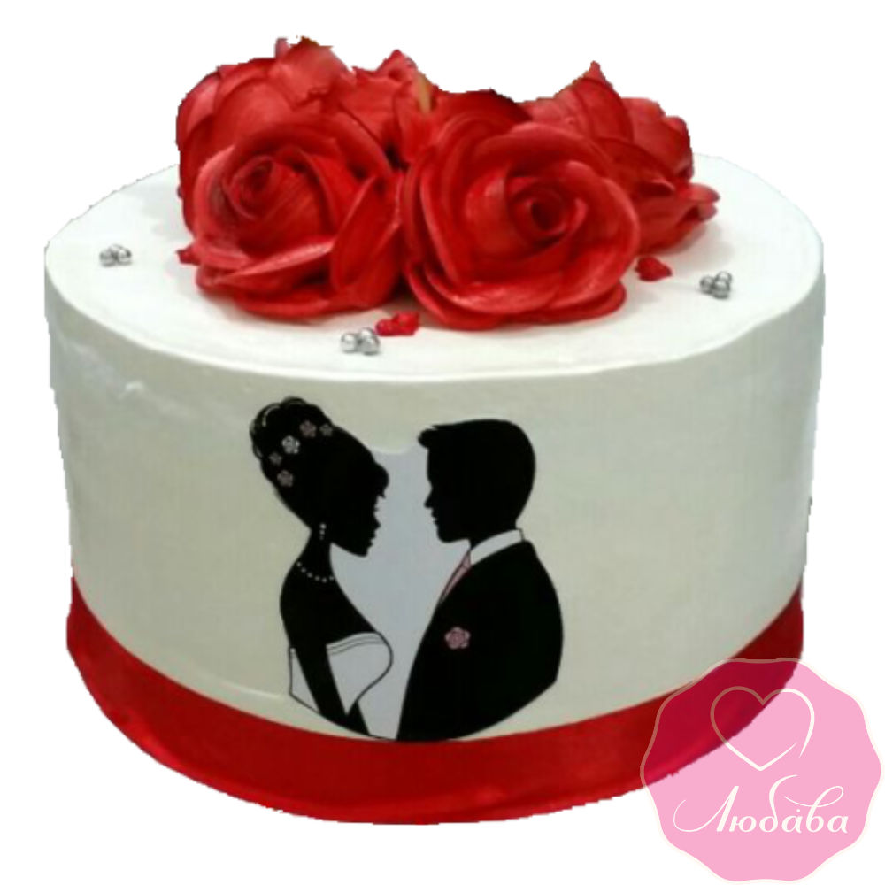 Торт свадебный одноярусный с красными розами №2490