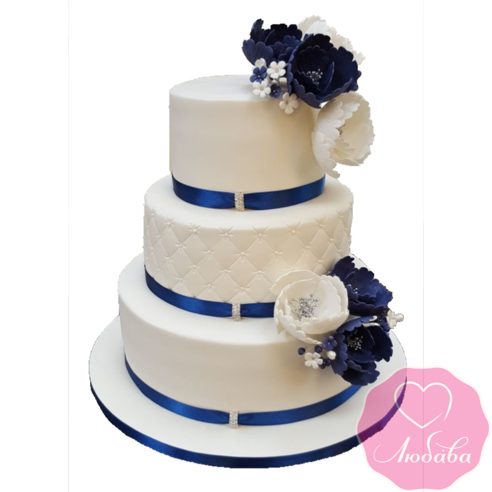 Торт свадебный с синими лентами №2557