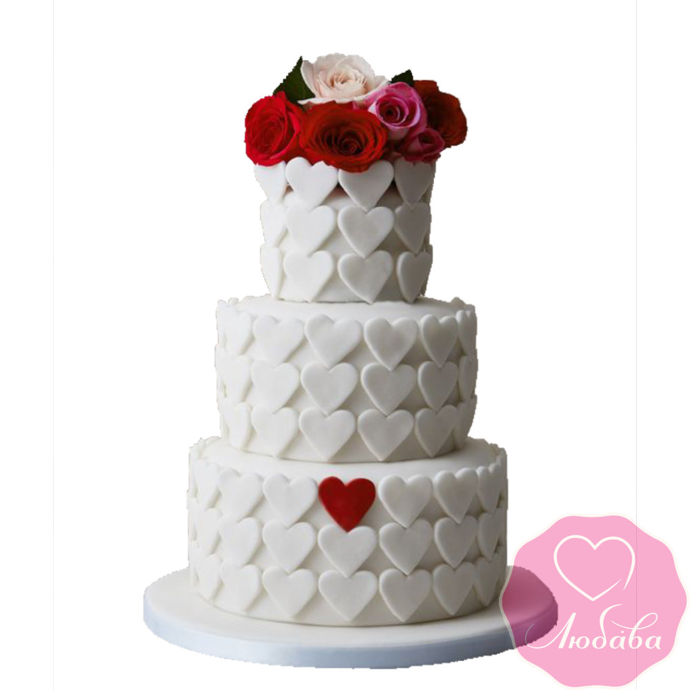 Торт свадебный сердца и розы №2604