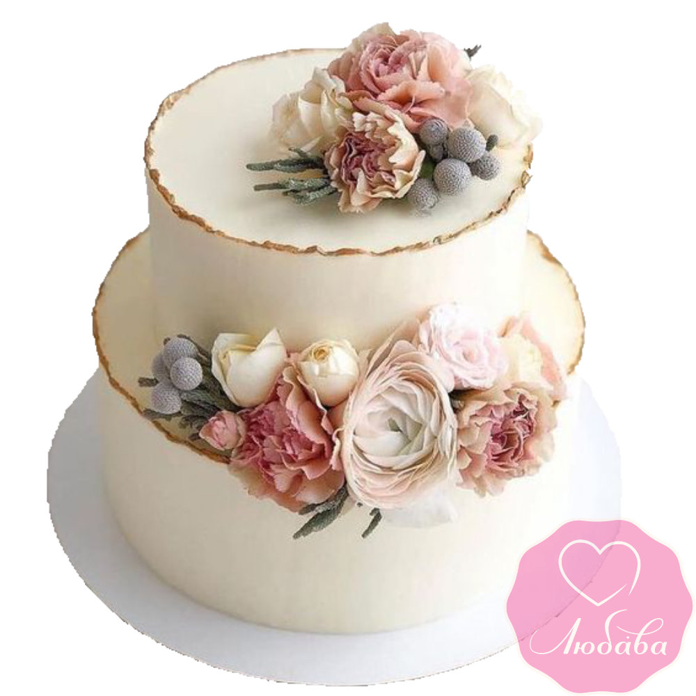 Торт свадебный небольшой с живыми цветами №2616