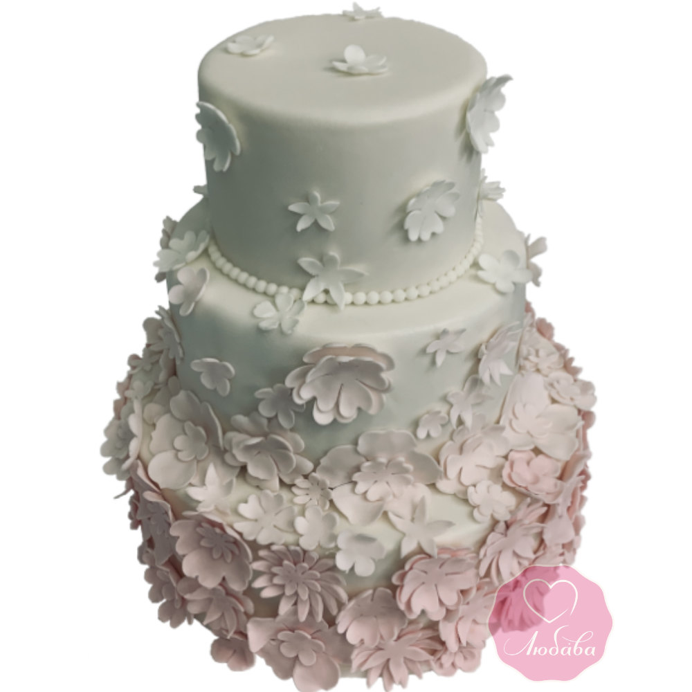 Торт свадебный трехъярусный с цветами №3261
